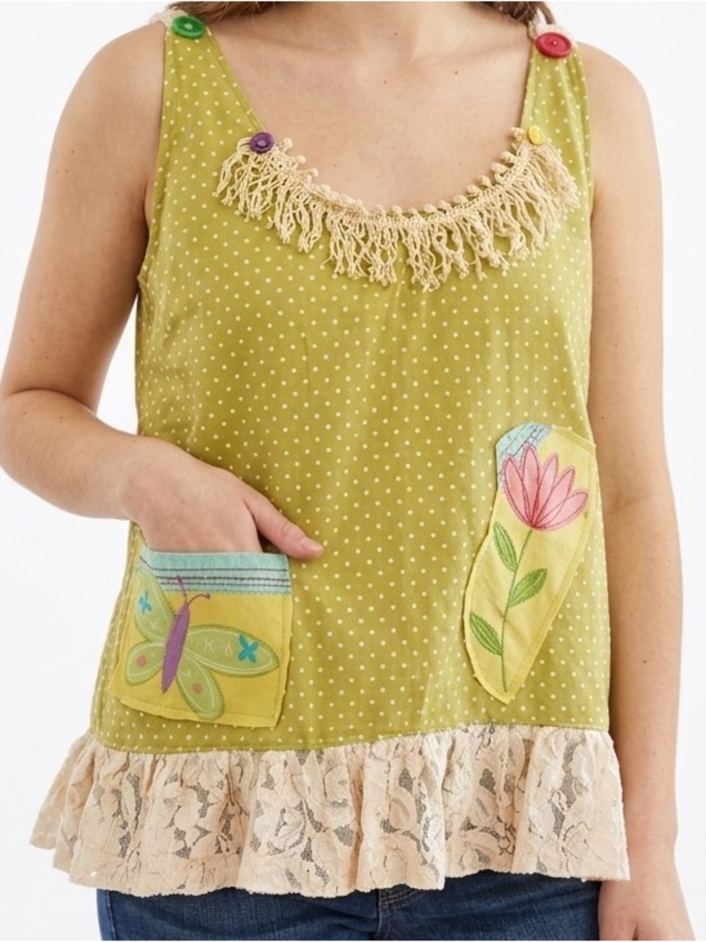 Green Polka Dot Patchwork Lace Tunic Top Large XL